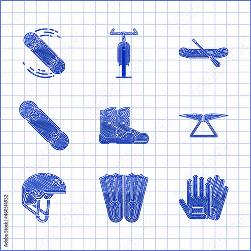 Set Boots, Rubber flippers for swimming, Gloves, Hang glider, Helmet, Skateboard trick, Rafting boat and icon. Vector