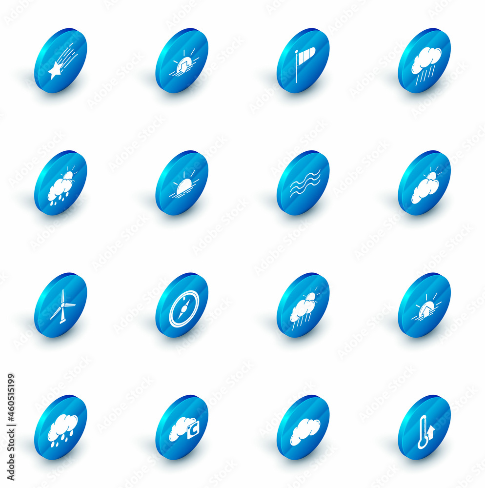 Set Sunset, Cone meteorology windsock wind vane, Cloud with rain, and sun, Wind turbine, Sunrise, cloud weather and Waves icon. Vector Set Sunset, Cone meteorology windsock wind vane, Cloud with rain, and sun, Wind turbine, Sunrise, cloud weather and Waves icon. Vector