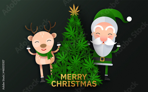 Merry Christmas  cannabis marijuana plant greeting card elements paper cut with craft style on background.