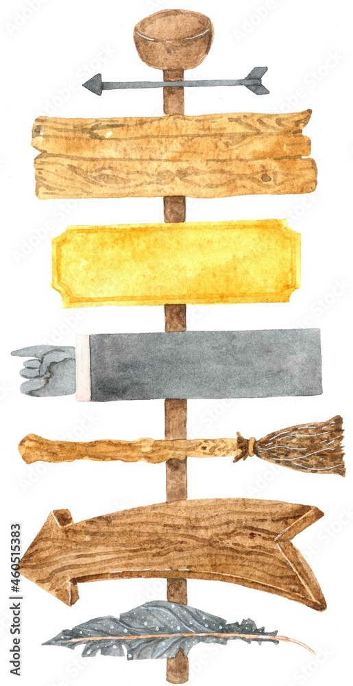 watercolor wooden road signs of various shapes and sizes on a pole ...