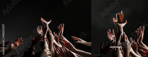 Dark dramatic product presentation template scene with bunch hand or arm reaching up 3d realistic vector. concert crowd,limited edition, black Friday themed illustration