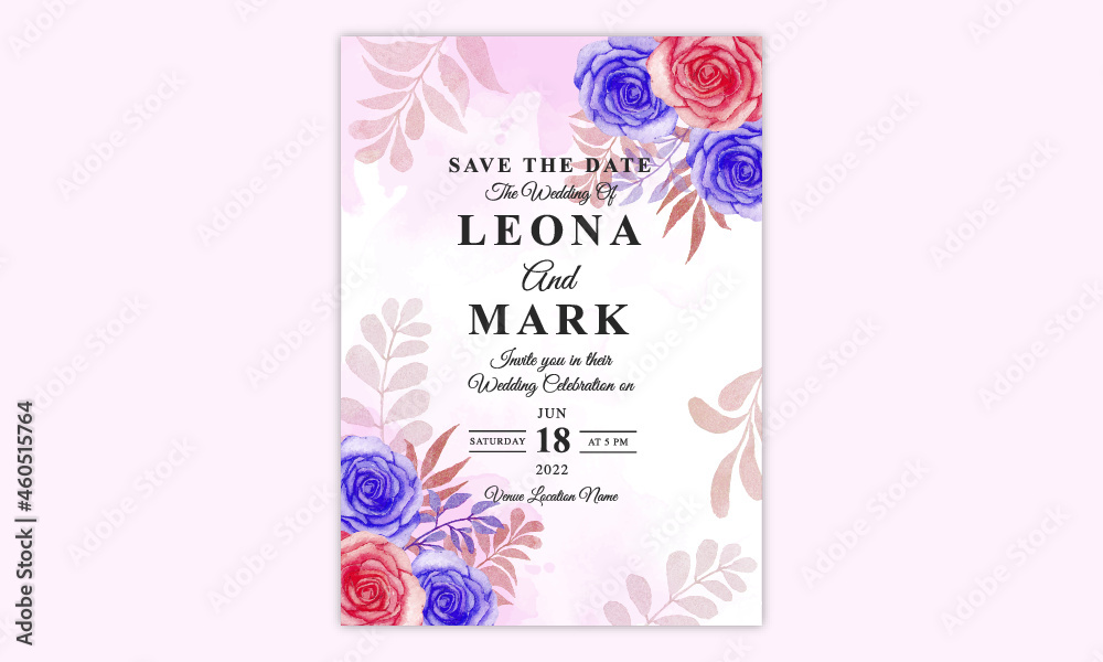 Wedding invitation suite with beautiful floral background watercolor, Wedding invitation card template with watercolor purple pink roses.