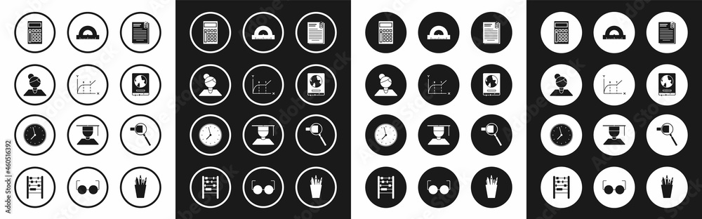 Set File document and paper clip, Pie chart infographic, Teacher, Calculator, World map on school blackboard, Protractor grid for measuring degrees, Magnifying glass and Clock icon. Vector Set File document and paper clip, Pie chart infographic, Teacher, Calculator, World map on school blackboard, Protractor grid for measuring degrees, Magnifying glass and Clock icon. Vector