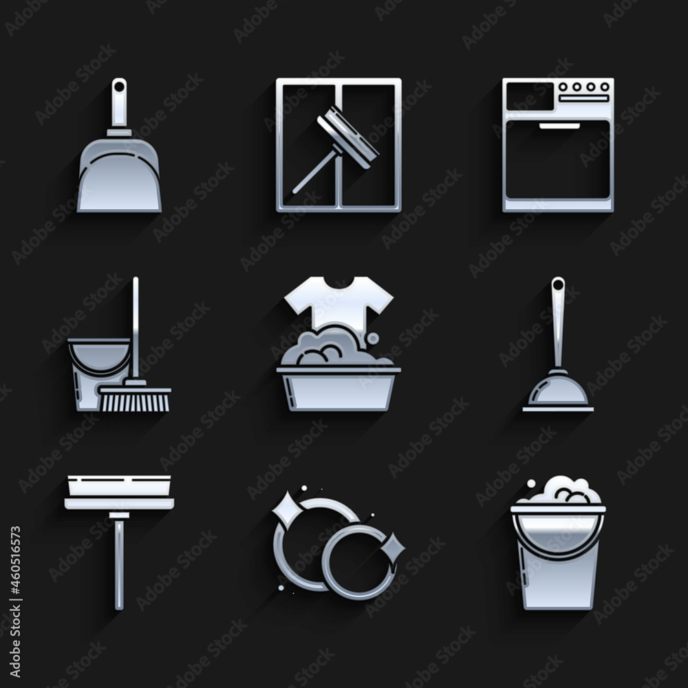 Set Plastic basin with soap suds, Washing dishes, Bucket foam and bubbles, Toilet plunger, Squeegee, scraper, wiper, Mop bucket, Washer and Dustpan icon. Vector Set Plastic basin with soap suds, Washing dishes, Bucket foam and bubbles, Toilet plunger, Squeegee, scraper, wiper, Mop bucket, Washer and Dustpan icon. Vector