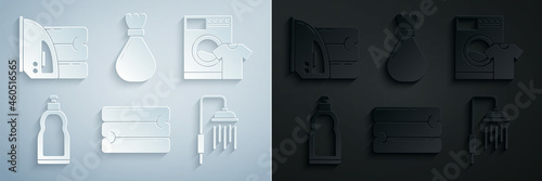 Set Towel stack, Washer and t-shirt, Plastic bottles for liquid dishwashing liquid, Shower head with water drops flowing, Garbage bag and Electric iron towel icon. Vector