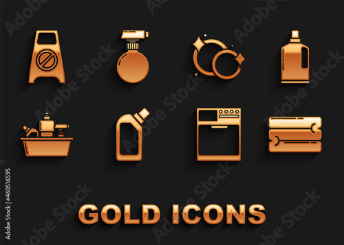 Set Plastic bottles for liquid dishwashing liquid, Towel stack, Washer, Washing dishes, Wet floor and cleaning progress and icon. Vector
