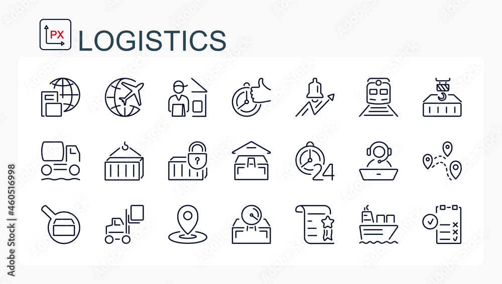 A set of icons from a thin line. Logistics, delivery. Isolated.