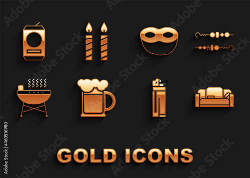 Set Wooden beer mug, Grilled shish kebab, Sofa, Lighter, Barbecue grill, Festive mask, Beer can and Birthday cake candles icon. Vector