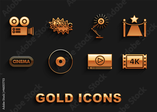Set CD or DVD disk  Carpet with barriers and star  4k movie  tape  frame  Online play video  Cinema poster design template  Table lamp  camera and Bang boom text speech bubble balloon icon. Vector
