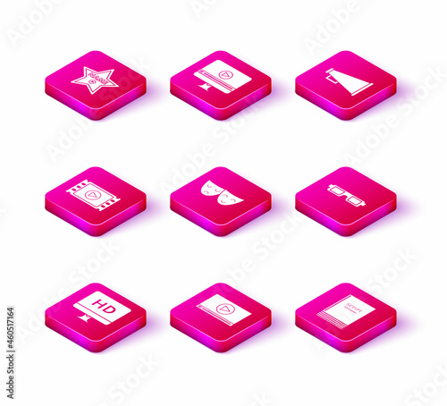 Set Computer PC monitor with HD video technology, Online play, Play Video, Comedy and tragedy theatrical masks, Scenario, 3D cinema glasses, Megaphone and icon. Vector