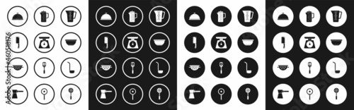 Set Measuring cup, Scales, Meat chopper, Covered with tray of food, Bowl, Teapot, Kitchen ladle and colander icon. Vector