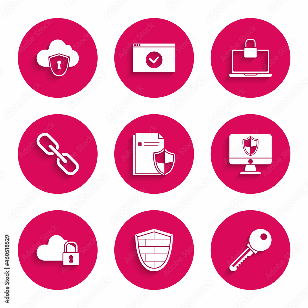 Set Document protection concept, Shield with cyber security brick wall, Key, Computer monitor and shield, Cloud computing lock, Chain link, Laptop and icon. Vector Set Document protection concept, Shield with cyber security brick wall, Key, Computer monitor and shield, Cloud computing lock, Chain link, Laptop and icon. Vector