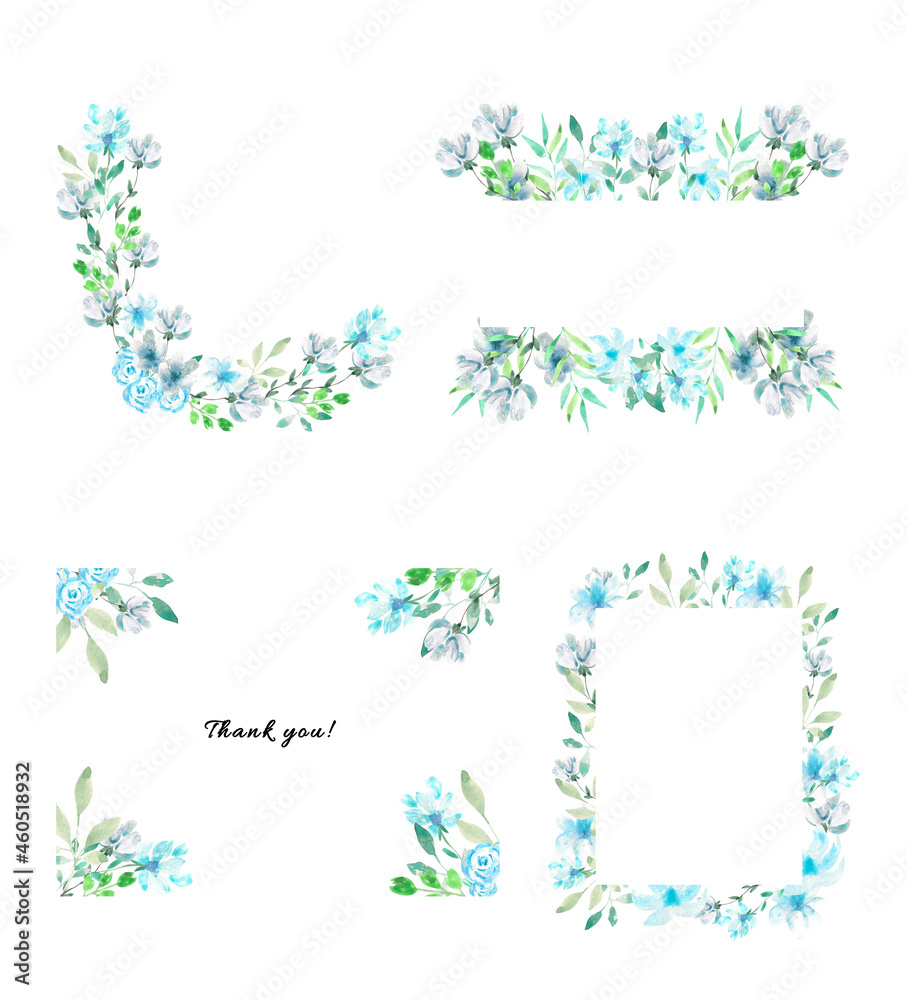 Set of watercolor floral frames. A set of templates with blue flowers and greenery.