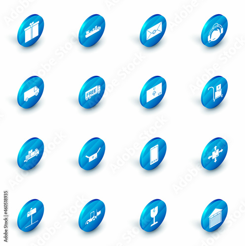 Set Cargo ship with boxes delivery service, Envelope, Support operator in touch, Delivery cargo truck vehicle, cardboard, Free, Hand and and Cardboard traffic symbol icon. Vector