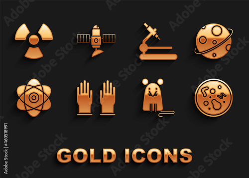 Set Rubber gloves, Planet, Bacteria, Rat, Atom, Microscope, Radioactive and Satellite icon. Vector