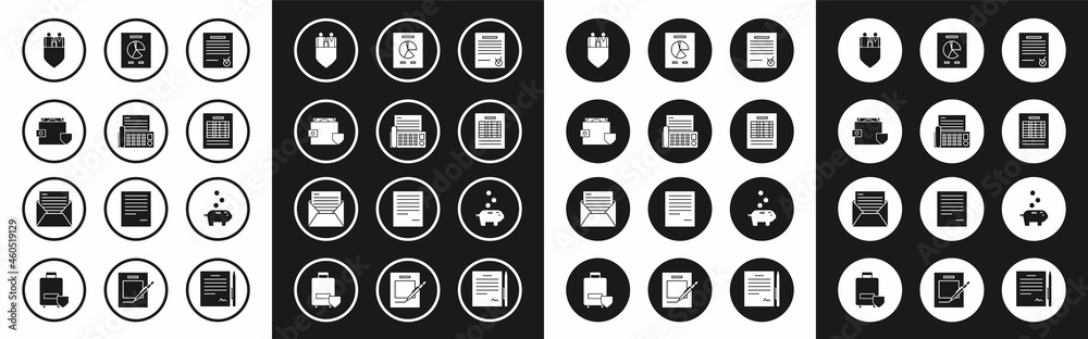 Set Confirmed document and check mark, Fax machine, Wallet money with shield, Family insurance, Report file, Document graph chart, Piggy bank coin and Mail e-mail icon. Vector Set Confirmed document and check mark, Fax machine, Wallet money with shield, Family insurance, Report file, Document graph chart, Piggy bank coin and Mail e-mail icon. Vector