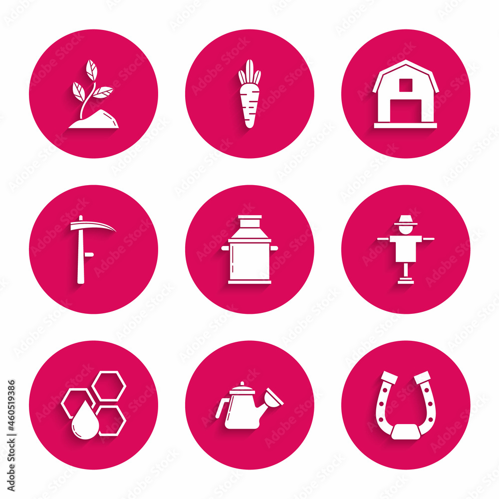 Set Can container for milk, Watering can, Horseshoe, Scarecrow, Honeycomb, Scythe, Farm House concept and Sprout icon. Vector Set Can container for milk, Watering can, Horseshoe, Scarecrow, Honeycomb, Scythe, Farm House concept and Sprout icon. Vector
