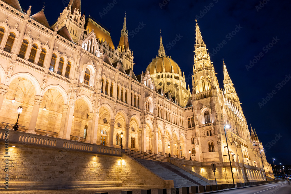 famous building of hungarian parliament at night , Budapest , Hungary