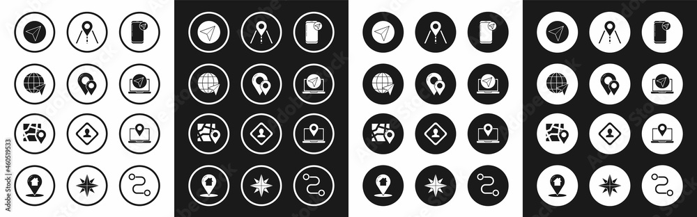 Set Infographic of city map navigation, Map pin, Location the globe, Paper airplane, Road traffic sign, Laptop with location marker and Folded icon. Vector