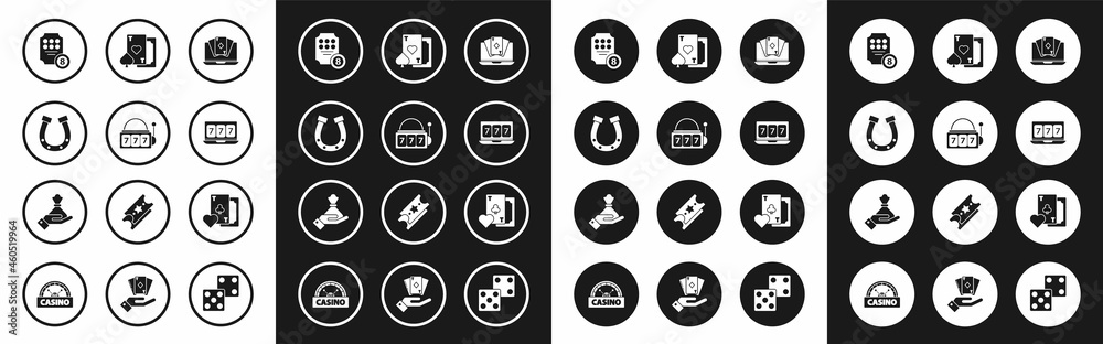 Set Online poker table game, Slot machine with lucky sevens jackpot, Horseshoe, slot, Playing card heart, clubs symbol and Hand holding money bag icon. Vector Set Online poker table game, Slot machine with lucky sevens jackpot, Horseshoe, slot, Playing card heart, clubs symbol and Hand holding money bag icon. Vector