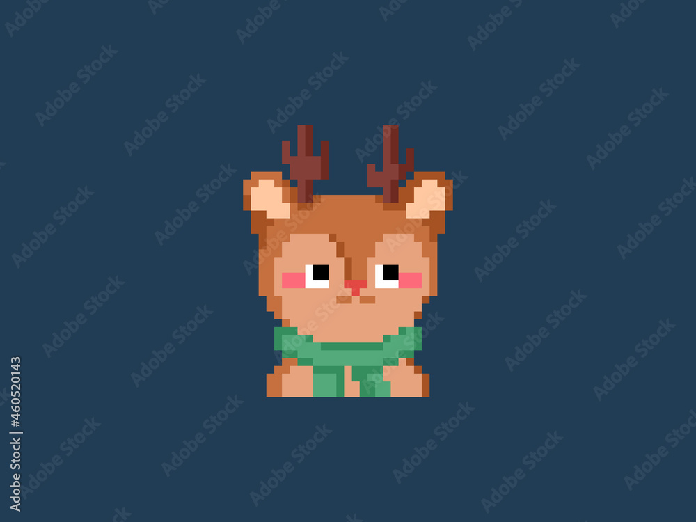 Pixel art Reindeer in scarf. Vector 8 bit style retro illustration of cute winter deer. Isolated winter avatar.

