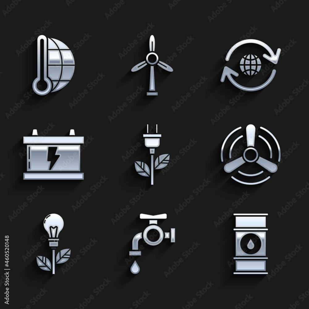 Set Electric saving plug in leaf, Water tap, Oil barrel line, Wind turbine, Light bulb with, Car battery, Planet earth and recycling and Meteorology thermometer measuring icon. Vector