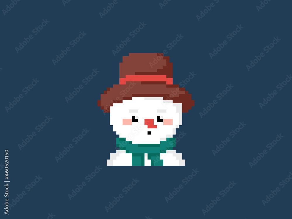 Pixel art snowman in a scarf and hat. Vector 8 bit style retro illustration of winter snowman sculpture. Isolated winter avatar.
