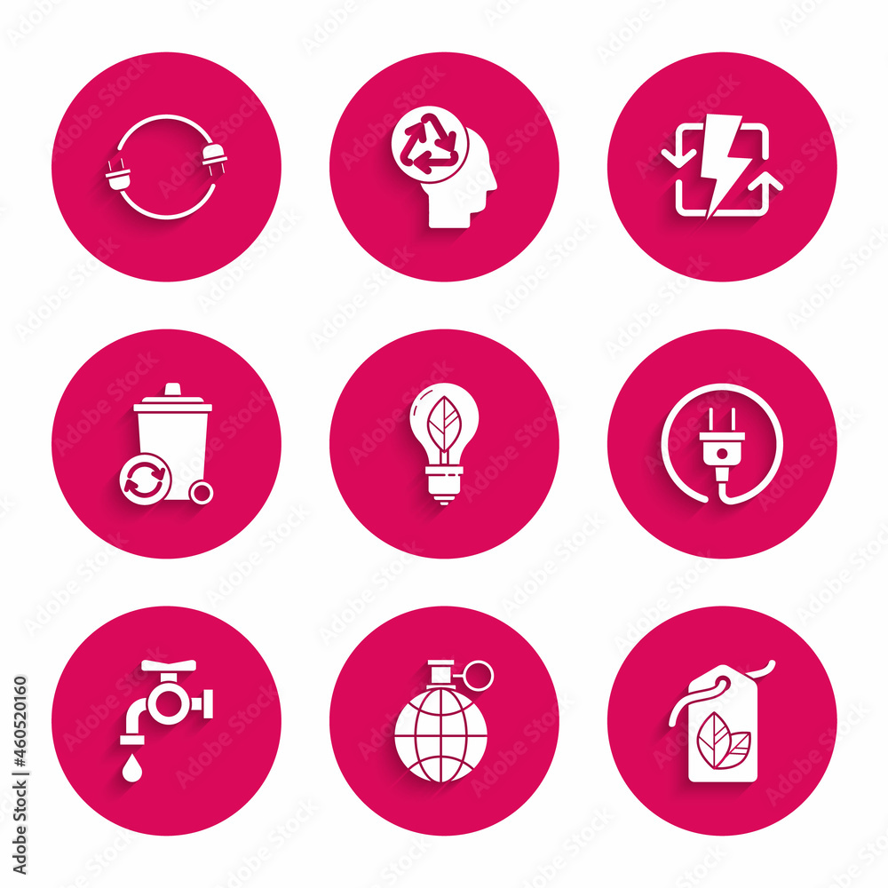 Set Light bulb with leaf, Planet earth and recycling, Tag symbol, Electric plug, Water tap, Recycle bin recycle, Recharging and icon. Vector Set Light bulb with leaf, Planet earth and recycling, Tag symbol, Electric plug, Water tap, Recycle bin recycle, Recharging and icon. Vector