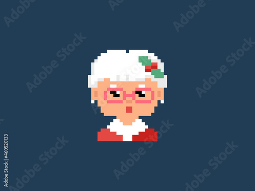 Pixel art Mrs Claus. Vector 8 bit style retro illustration of Granny Santa character. Isolated winter female avatar.
