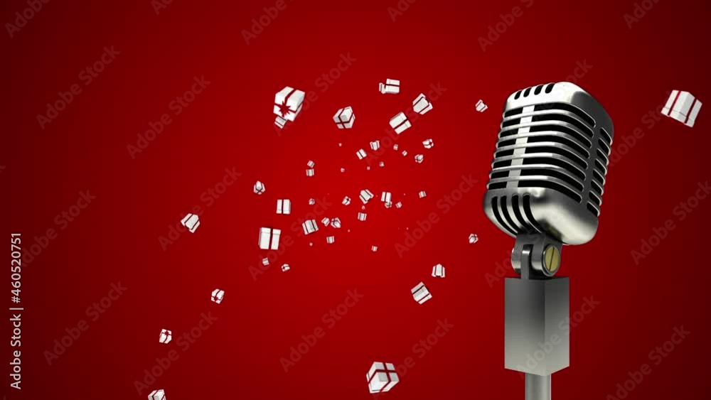 Animation of vintage microphone with christmas presents falling on red background