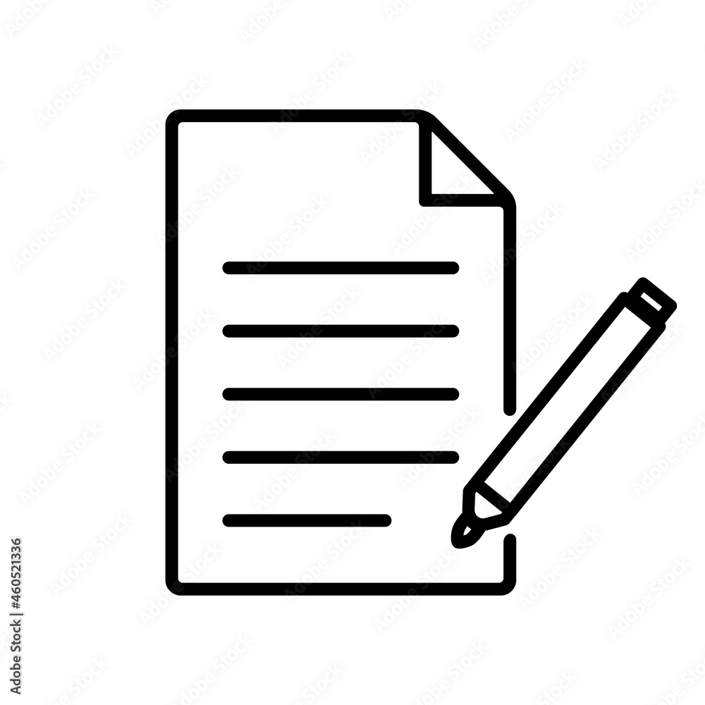 Document icon pen for web page design. Paper sign isolated on white background. Notepad symbol. Vector pencil pictogram. Contract line icon. List, file, notebook, report Document icon pen for web page design. Paper sign isolated on white background. Notepad symbol. Vector pencil pictogram. Contract line icon. List, file, notebook, report