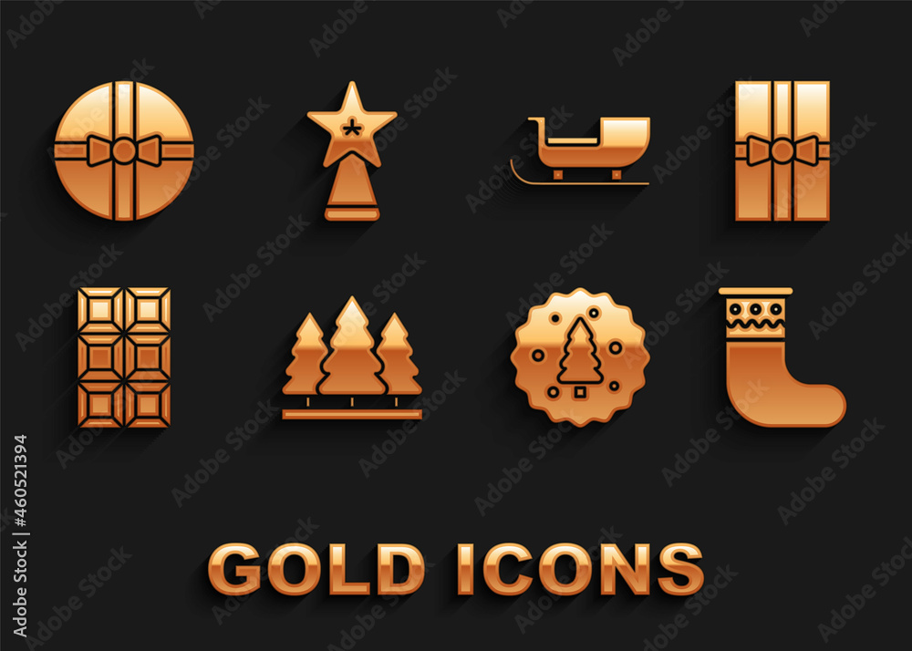 Set Christmas trees, Gift box, stocking, Cookie or biscuit with chocolate, Chocolate bar, santa claus sleigh, and star icon. Vector Set Christmas trees, Gift box, stocking, Cookie or biscuit with chocolate, Chocolate bar, santa claus sleigh, and star icon. Vector