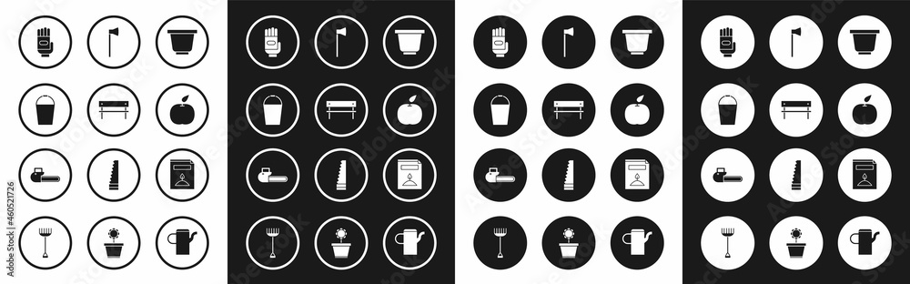 Set Flower pot, Bench, Bucket, Garden gloves, Apple, Wooden axe, pack full of seeds of specific plant and Chainsaw icon. Vector Set Flower pot, Bench, Bucket, Garden gloves, Apple, Wooden axe, pack full of seeds of specific plant and Chainsaw icon. Vector