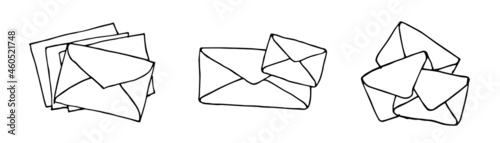 Mail icons collection, stack closed envelopes, email symbol. Sketch letter set. Hand drawn doodle cartoon style. Vector drawing illustration. Letter icon. Closed outline envelope