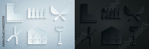 Set Home greenhouse and plants, Gardening handmade scissors, rake, fence wooden and Waterproof rubber boot icon. Vector