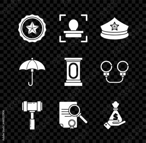 Set Police badge, Face recognition, cap with cockade, Judge gavel, Document search, Hand holding money bag, Umbrella and Stage stand or debate podium rostrum icon. Vector