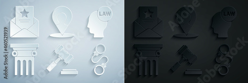Set Judge gavel, Head with law, Law pillar, Handcuffs, Map marker silhouette of person and The arrest warrant icon. Vector