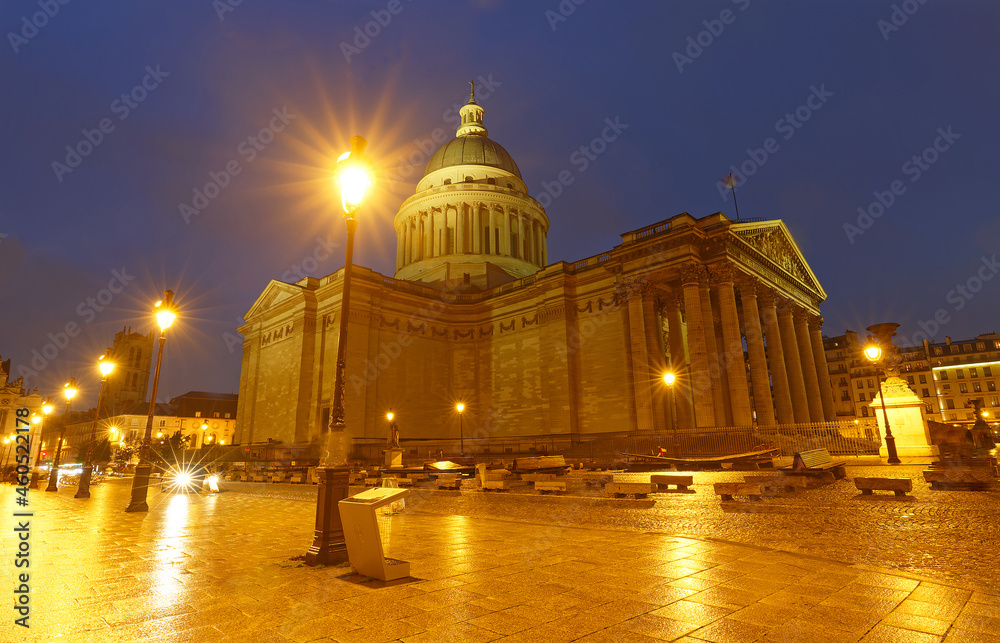 The Pantheon at rainy night. It is a secular mausoleum , Paris, France.