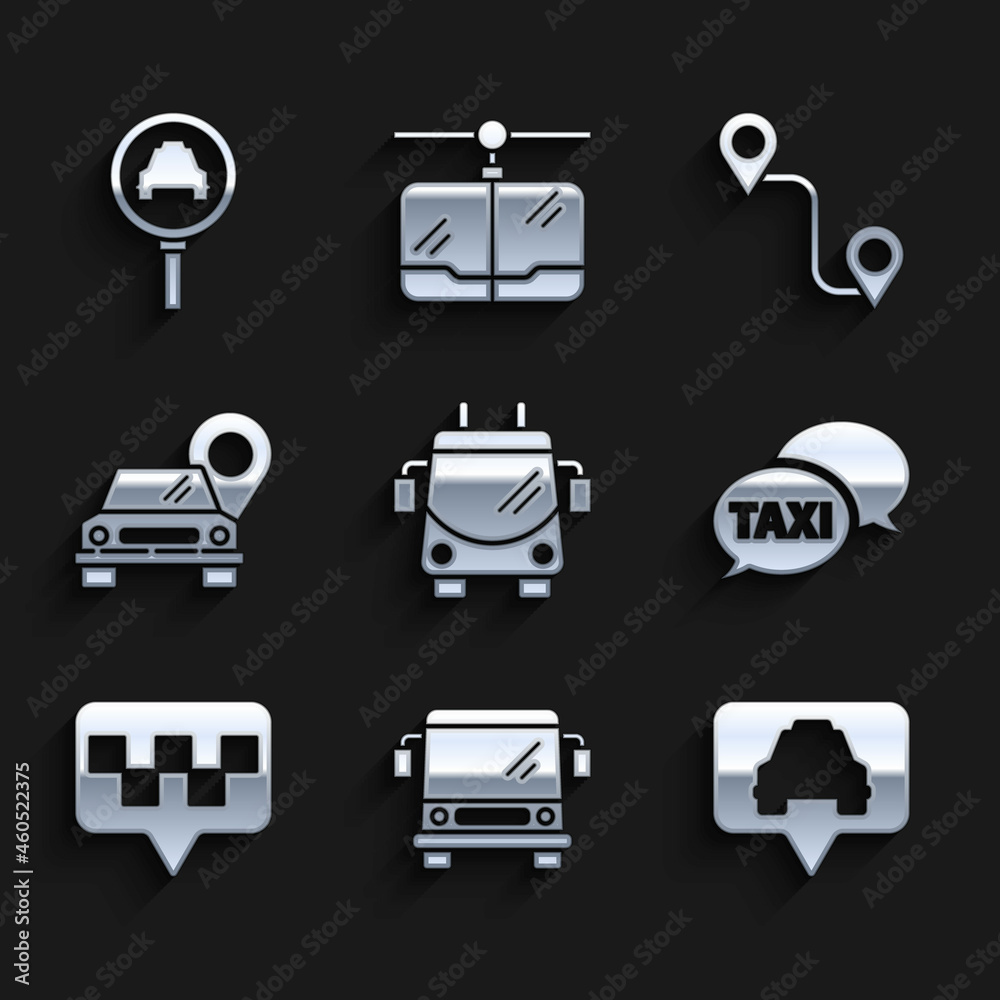 Set Trolleybus, Bus, Map pointer with taxi, Taxi call telephone service, Route location and Magnifying glass and car icon. Vector Set Trolleybus, Bus, Map pointer with taxi, Taxi call telephone service, Route location and Magnifying glass and car icon. Vector