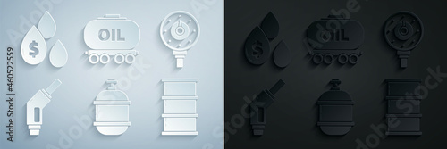 Set Propane gas tank, Motor gauge, Gasoline pump nozzle, Barrel oil, Oil railway cistern and drop with dollar symbol icon. Vector
