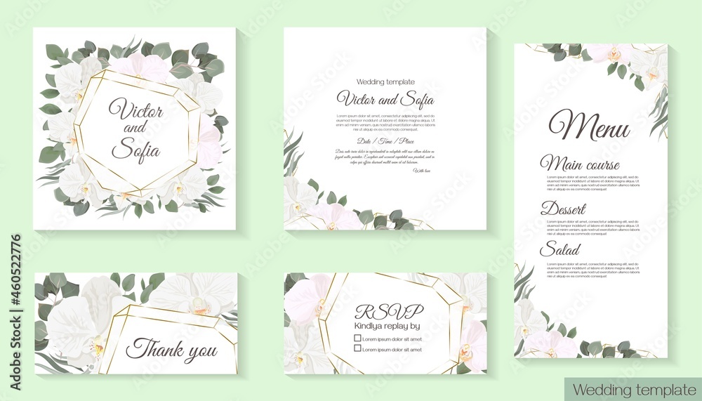 Vector floral frame for a postcard. White orchids, eucalyptus, green plants and leaves, gold sequins. Floral design for wedding invitation. Vector floral frame for a postcard. White orchids, eucalyptus, green plants and leaves, gold sequins. Floral design for wedding invitation.