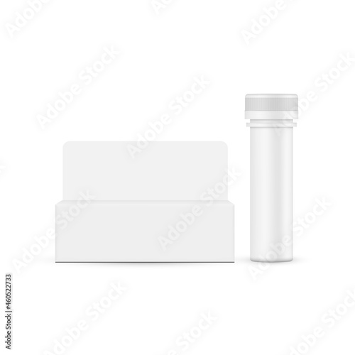 Plastic Tube for Effervescent Tablets with Paper Box, Isolated on White Background. Packaging for Pills or Supplements. Vector illustration