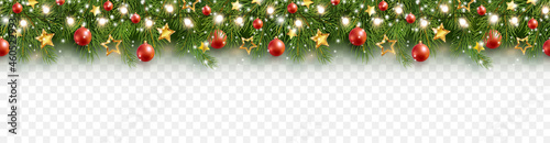 Foto Border with green fir branches, red balls, gold stars, golden lights isolated on transparent background