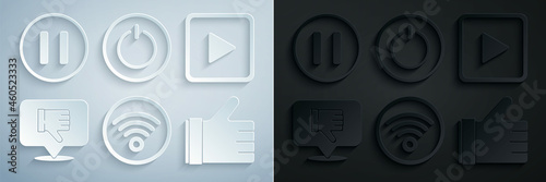 Set Wi-Fi wireless internet network, Play square, Dislike speech bubble, Hand, Power button and Pause icon. Vector