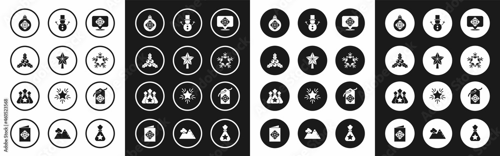 Set Snowflake with speech bubble, Christmas star, Branch viburnum or guelder rose, ball, snowman, Price tag inscription Sale and Santa Claus bag gift icon. Vector Set Snowflake with speech bubble, Christmas star, Branch viburnum or guelder rose, ball, snowman, Price tag inscription Sale and Santa Claus bag gift icon. Vector