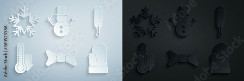 Set Bow tie, Meteorology thermometer measuring, Christmas mitten, snowman and Snowflake icon. Vector