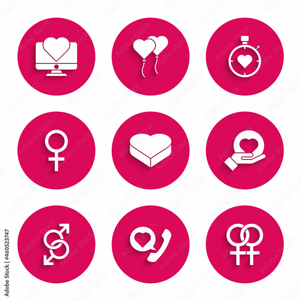 Set Candy in heart shaped box, Telephone with speech bubble, Female gender symbol, Heart hand, Male, the center stopwatch and Computer monitor icon. Vector Set Candy in heart shaped box, Telephone with speech bubble, Female gender symbol, Heart hand, Male, the center stopwatch and Computer monitor icon. Vector