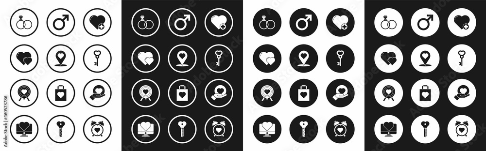 Set Heart, Map pointer with heart, Wedding rings, Key shape, Male gender symbol, on hand and the center of darts target aim icon. Vector Set Heart, Map pointer with heart, Wedding rings, Key shape, Male gender symbol, on hand and the center of darts target aim icon. Vector