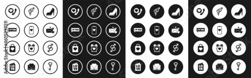 Set Woman shoe with high heel, Mobile phone heart, Speech bubble I love you, Telephone speech, Envelope, Gender, Male gender symbol and Shopping bag icon. Vector