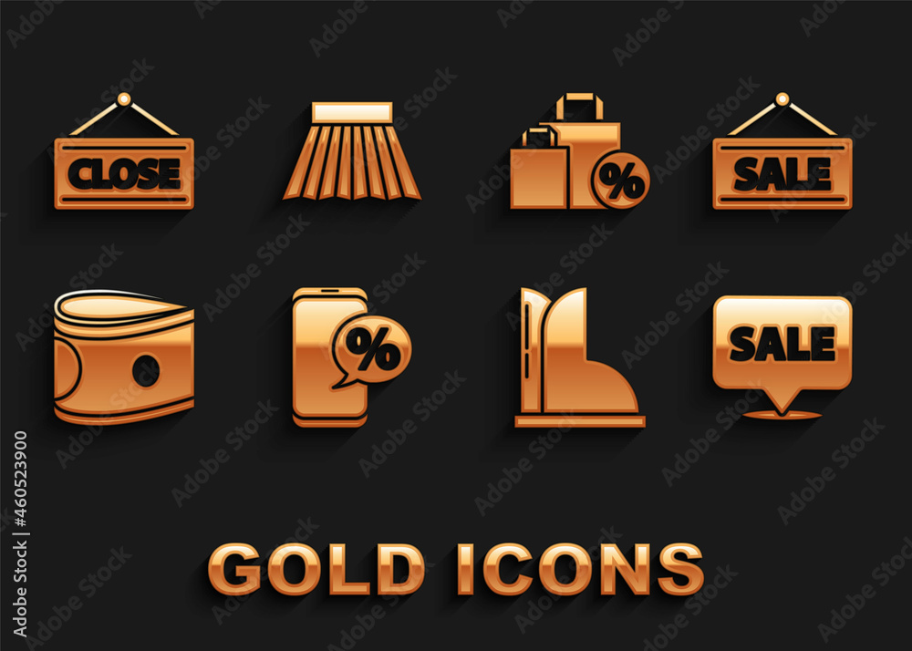 Set Percent discount and phone, Hanging sign with Sale, Waterproof rubber boot, Stacks paper money cash, Shoping bag, Closed and Skirt icon. Vector Set Percent discount and phone, Hanging sign with Sale, Waterproof rubber boot, Stacks paper money cash, Shoping bag, Closed and Skirt icon. Vector